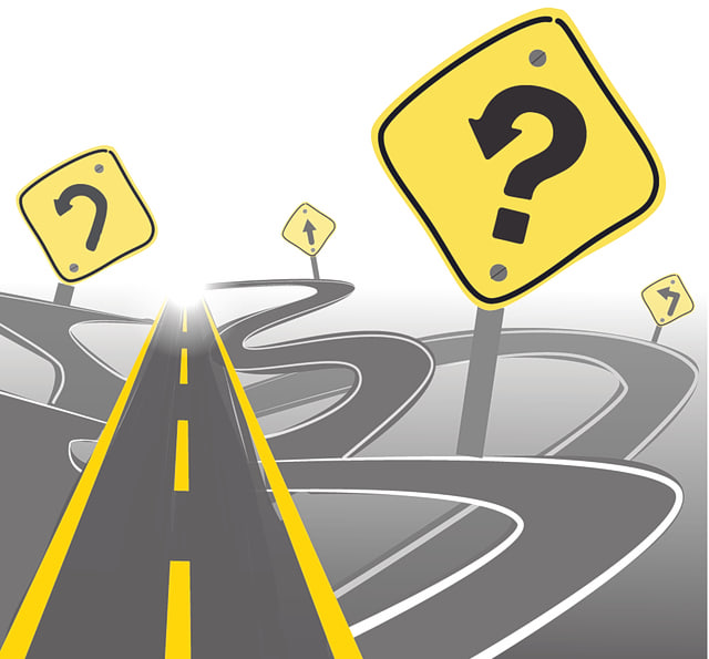 04-04-förderung-fcs-vuca-640x595 Straight road with yellow markings, next to it winding paths and several signs with arrows, one with a question mark
