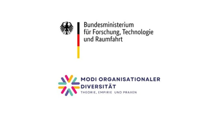 Logos mit Schriftzug vom Bundesministerium für Forschung, Technologie und Raumfahrt sowie von Modi organisationaler Diversität. Theorie, Empirie, Praxen