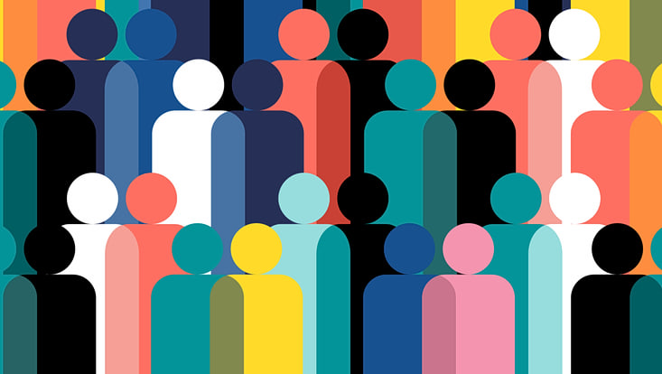 Illustriertes Symbolbild für Demokratie mit stilisierten Menschen in verschiedenen Farben, die nebeneinander stehen