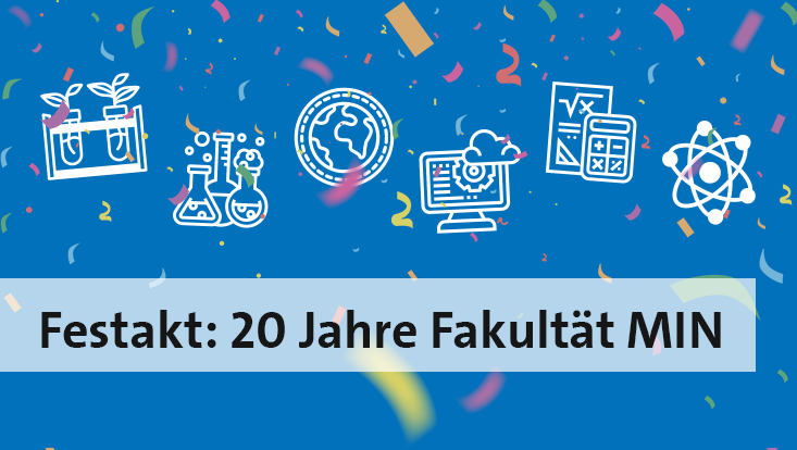 Grafik mit blauen Hintergrund und Konfettischnipseln und Symbolen wie Reagenzgläsern, dazu ein Schriftzug "Festakt: 20 Jahre Fakultät MIN"