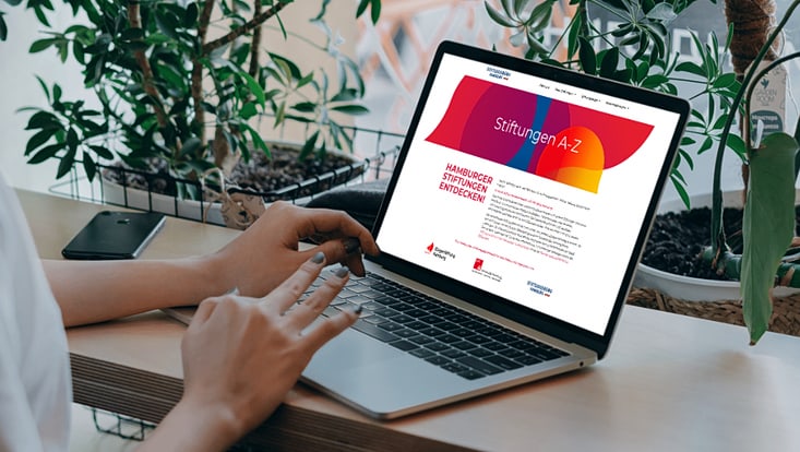 Eine Person arbeitet an einem Laptop, auf dessen Bildschirm die neue Stiftungsplattform zu sehen ist