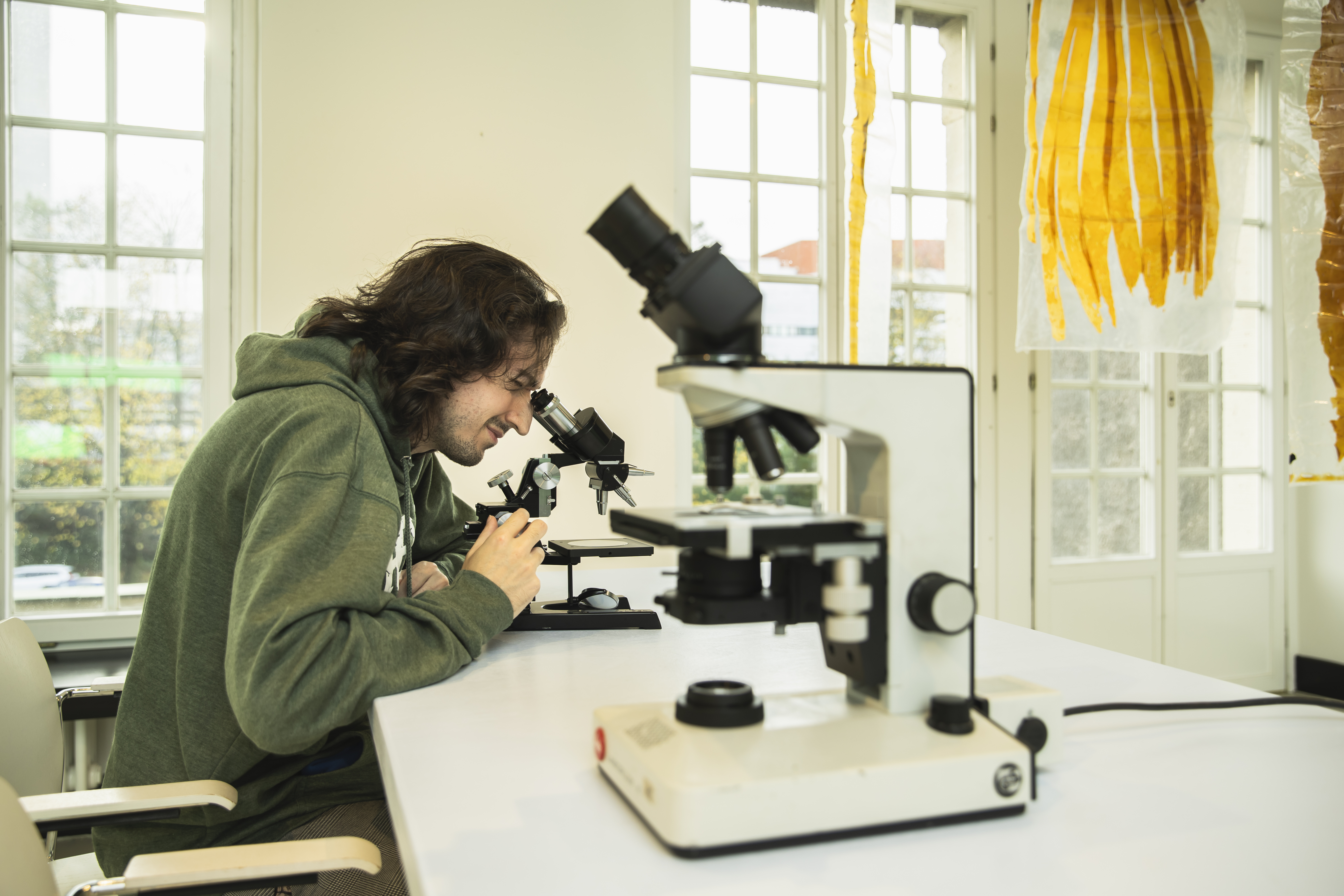 Besucher des im begehbaren Labor des "Algenlabs", einem offenen Forschungslabor im Universitätsmuseum der Universität Hamburg.