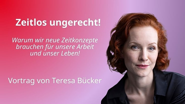 Portraitfoto von Teresa Bücker vor einem rot verlaufenden Hintergrund, links neben dem Foto steht der Titel des Vortrags