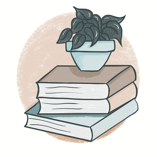 Illustration of a potted plant on a stack of books
