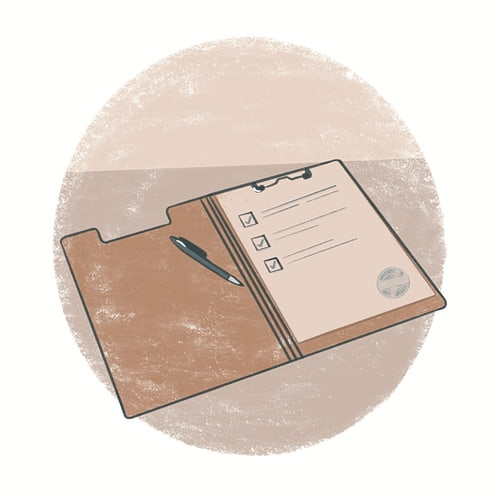 An illustrated folder with a check-off list and a pen