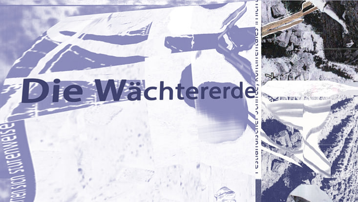 Abstrakte Collage in Blau mit Schriftzug „Die Wächtererde“ und Formen, grafisch