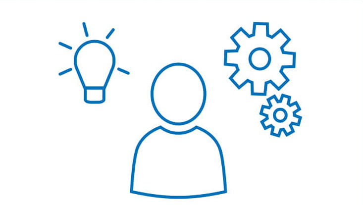 Icon Person mit Zahnrädern und leuchtender Glühbirne