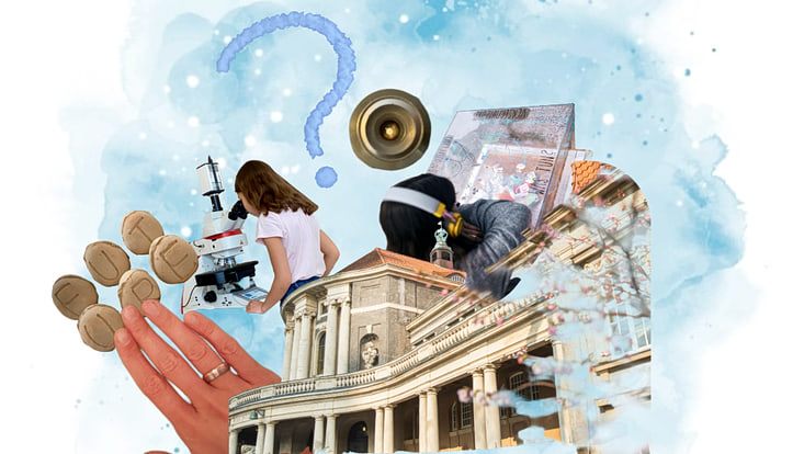 Transferfonds 2027-Titelbild: Collage mit Symbolfotos wie dem Hauptgebäude der UHH, einem Kind an einem Mikroskop, einem Türspion, einer Hand, die Buchstaben ordnet und einem Fragezeichen