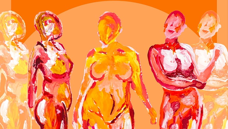 Eine gezeichnete Illustration von nackten Frauenkörpern vor orangefarbenem Hintergrund