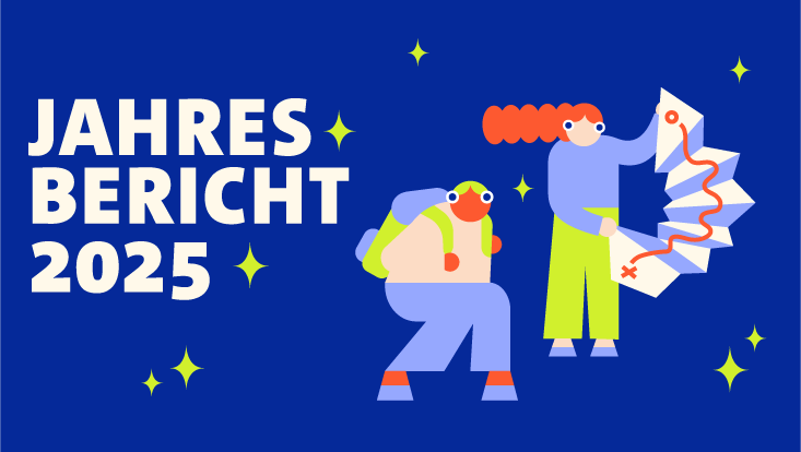 Illustriertes Titelbild des Jahresberichts 2025 mit zwei Figuren, die zu einer Reise aufbrechen und dafür einen Rucksack und eine Landkarte dabei haben
