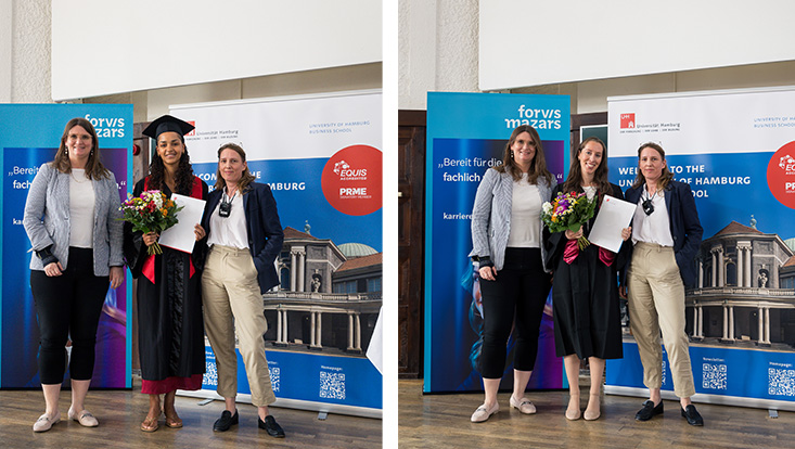 ers-preis Bild links: Prof. Dr. Petra Steinorth, Anouk Chimi Wadjou und Dr. Katrin Meyer, Bild rechts: Prof. Dr. Petra Steinorth, Melina Savvidou und Dr. Katrin Meyer