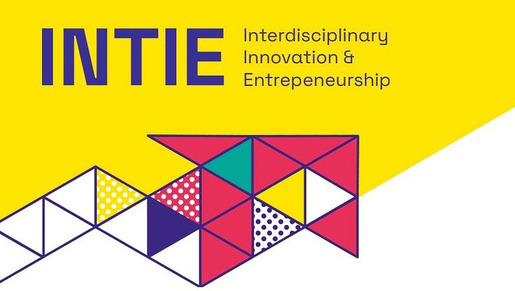 Banner des INTIE-Programms mit einem nach oben zeigenden bunten Pfeil, der für Ideen und Impact steht