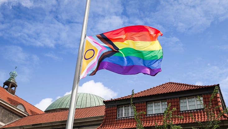 Foto der Pride-Flagge auf Halbmast vorm Uni-Gebäude