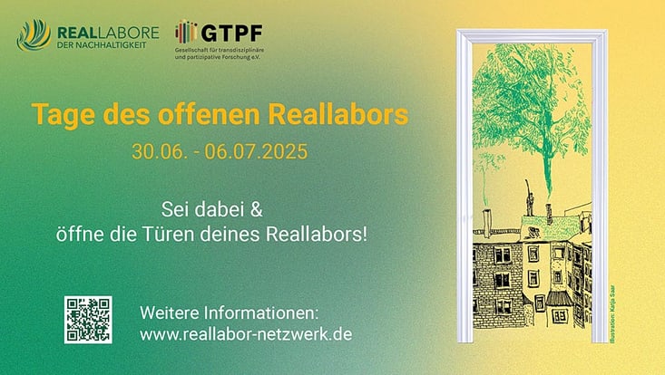 02-03-nachhaltige-entw-ebene-3-4-tage-offenes-reallabor-2025-733x414 Plakat mit Schriftzug Tage des offenen Reallabors und Bilderrahmen mit Häusern und einem Baum