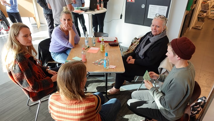 04-03-koord-transferfonds-slider-2023-04-231017-transferfkickoff-cuhh-tkkf-10-733x414 Fünf Personen sitzen an einem Tisch und unterhalten sich, eine Person hält eine beschriftete Karte