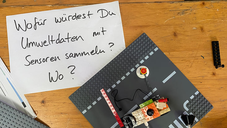 02-05-vernetzung-festivals-slider-aspaltsprenger-733x414 Papier mit Schriftzug „Wofür würdest Du Umwelttagen mit Sensoren sammeln? Wo?“ Auf einem Holztisch daneben eine Legostraße mit Fahrzeug
