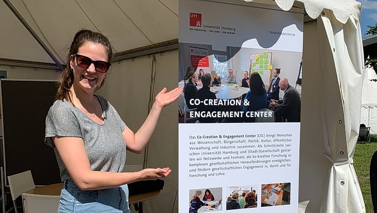 02-05-campusfest-vor-bild-10-cucaser-(4)-733x414-733x414 Person steht neben einem Poster und präsentiert dieses mit beiden Armen. Poster enthält Schriftzug „Co-Creation & Engagement Center“ und eine Beschreibung