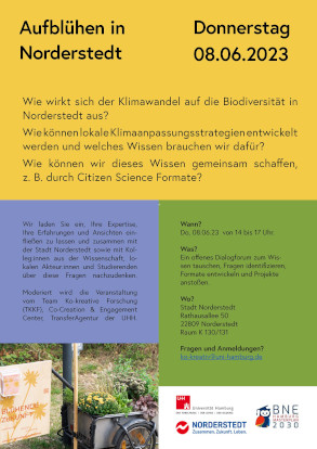 02-06-vernetzung-dialogforen-slider4-flyer-dialogforum-norderstedt-v05-414 Plakat des Dialogforum Norderstedt mit Schriftzug „Aufblühen in Norderstedt“ und Programmbeschreibung