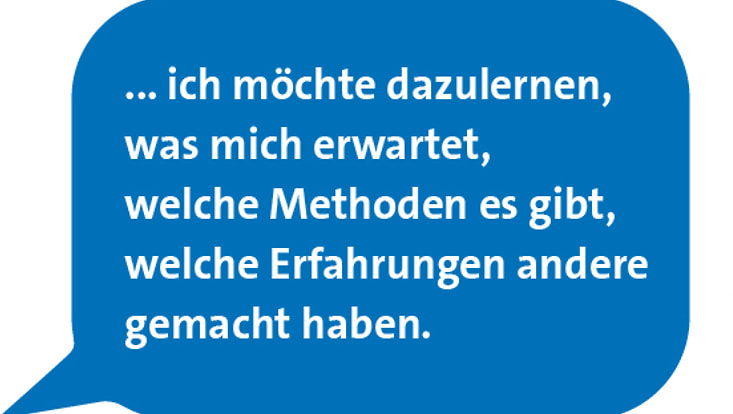 Grafik einer Sprechblase mit der Frage: "Ich möchte dazulernen, was mich erwartet, welche Methoden es gibt, welche Erfahrungen andere gemacht haben."