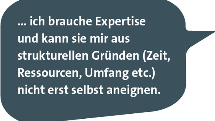 Grafik einer Sprechblase mit der Aussage: "Ich brauche Expertise und kann mir diese aus strukturellen Gründen (Zeit, Ressourcen, Umfang etc.) nicht erst selbst aneignen."