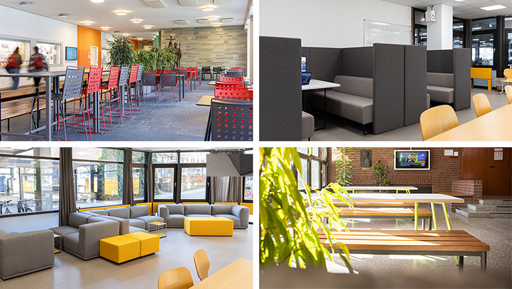260730-collage-733x414 Collage mit vier Ansichten neu gestalteter Aufenthalts- und Lernbereiche mit Sitzgruppen, Arbeitsplätzen, Sofas, Hochtischen und langen Gemeinschaftstischen.