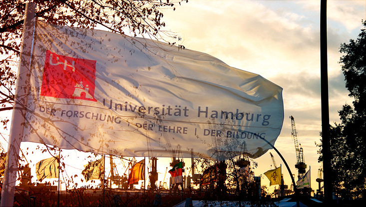 Wehende Fahne mit dem Logo der Universität Hamburg