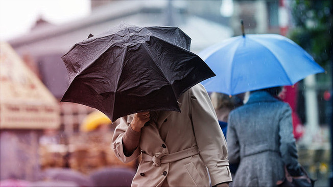 People with umbrellas in a storm