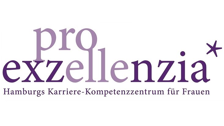 logo der Pro Exzellenzia. Auf weißem Grund steht in Lila Pro Exzellenzia - Hamburgs Karriere-Kometenzzentrum für Frauen