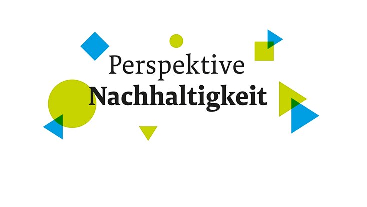 Das Motto der Online-Konferenz "Perspektive Nachhaltigkeit" vor weißem Hintegrund mit blauen und grünen Elementen.