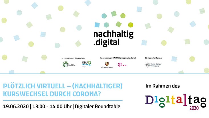 Der Schriftzug von nachhaltig.digital steht im Mittelpunkt während darunter Zeit und Datum der Veranstaltung zu sehen sind, die im Rahmen des Digitaltags 2020 stattfindet.
