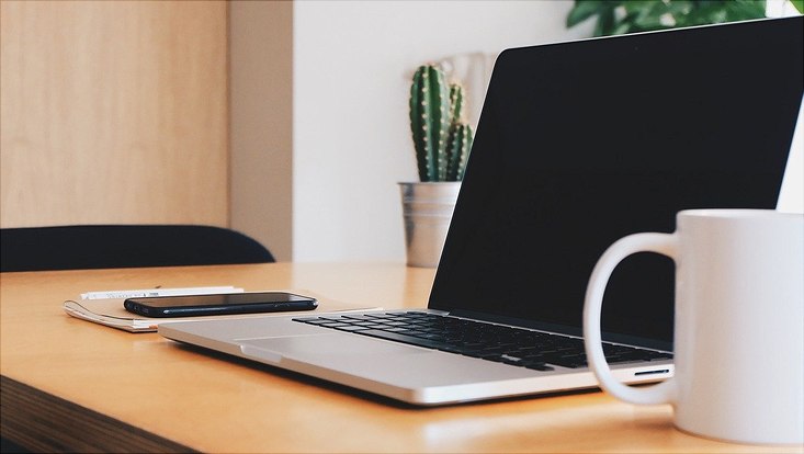 Auf einem Schreibtisch steht ein aufgeklappter Laptop, eine Tasse, ein Smartphone sowie ein Kaktus.