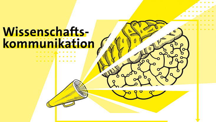 Schriftzug: Wissenschaftskommunikation, Grafik aus Megafon und Gehirn