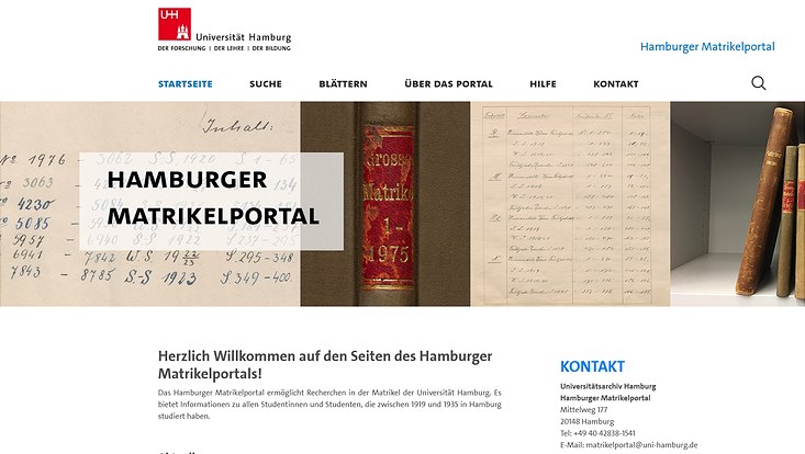 Screenshot von der Startseite Hamburger Matrikelportal