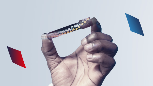 In the center of the image, viewers see a dark-skinned hand holding a tube between its thumb and forefinger. To the left and right of the image are more squares, a red one on the left and a blue one on the right.