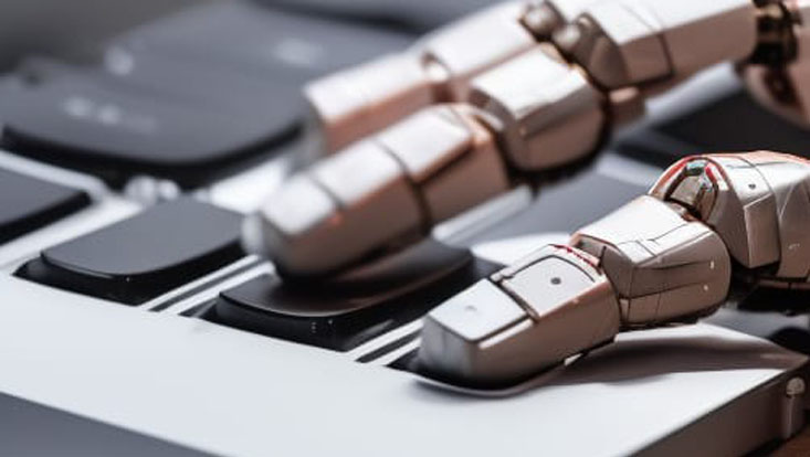 Das Bild zeigt eine Roboter-Hand in Nahaufnahme, die auf einer Computertastatur tipp. Das Bild wurde mittels AI-Bildgenerator erstellt.