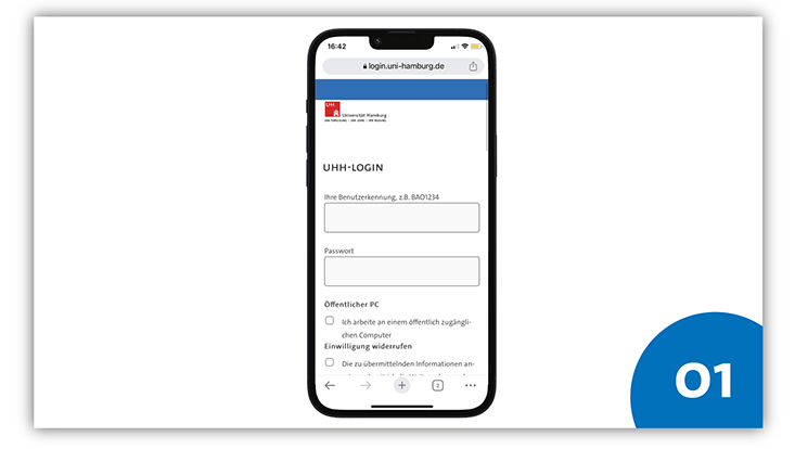 Slide 1: iPhone-Screenshot von UHH-Login mit Benutzererkennung und Passwort