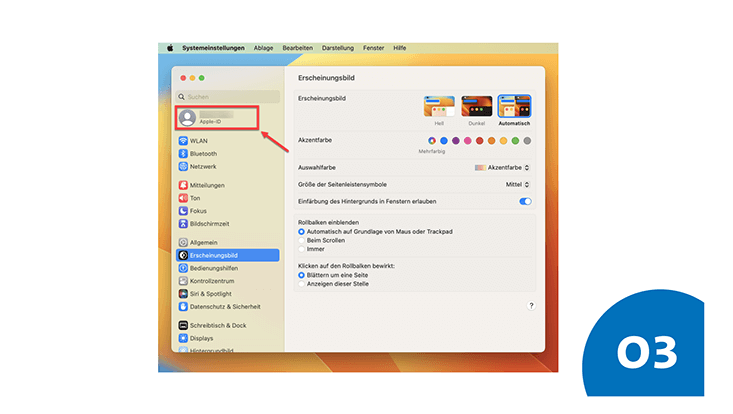 slides-safari-733x414-vorbereitung-4 Die Systemeinstellungen sind geöffnet. Der Bereich "Apple ID" ist rot umrandet und es zeigt ein roter Pfeil darauf.