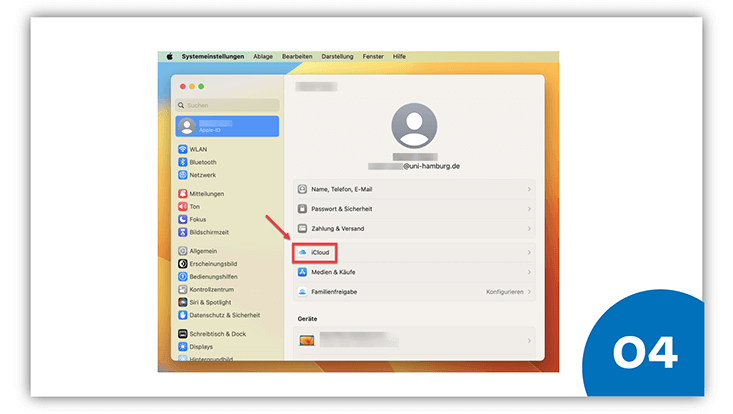 slides-safari-733x414-vorbereitung-5 Der Bereich "Apple ID" ist geöffnet. Um den Bereich "iCloud" ist ein roter Kasten und es zeigt ein roter Pfeil darauf.