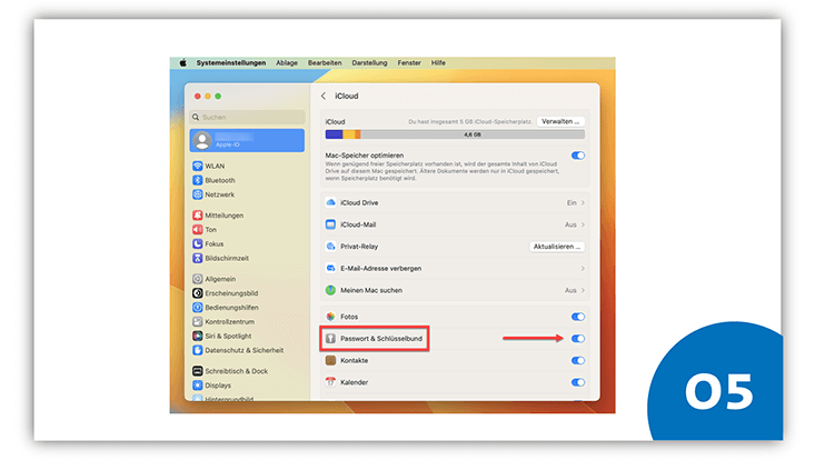 slides-safari-733x414-vorbereitung-6 Der Bereich "iCloud" is geöffnet. Um den Bereich "Passwort & Schlüsselbund" ist ein roter Kasten und es zeigt ein roter Pfeil darauf.