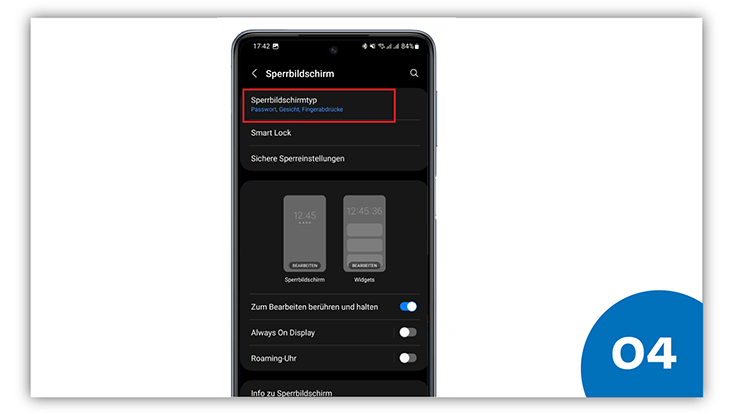 slides-android-733x414-vorbereitung-5 Ausschnitt eines Android-Smartphones. Der Bereich "Sperrbildschirm" ist zu sehen. Der Punkt "Sperrbildschirmtyp" ist rot umrandet.