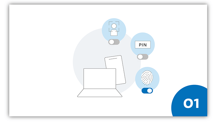 slides-android-733x414-vorbereitung-2 Grafik mit Icons eines Laptops und Smartphones sowie einer Gesichtserkennung, einer Pin und eines Fingerabdrucks.
