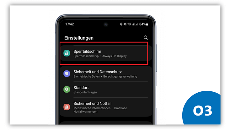 slides-android-733x414-vorbereitung-4 Ausschnitt eines Android-Smartphones. Der Einstellungsbereich "Sperrbildschirm" ist rot umrandet.