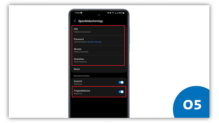 slides-android-733x414-vorbereitung-6 Ausschnitt eines Android-Smartphones. Der Bereich "Sperrbildschirmtyp" ist zu sehen.