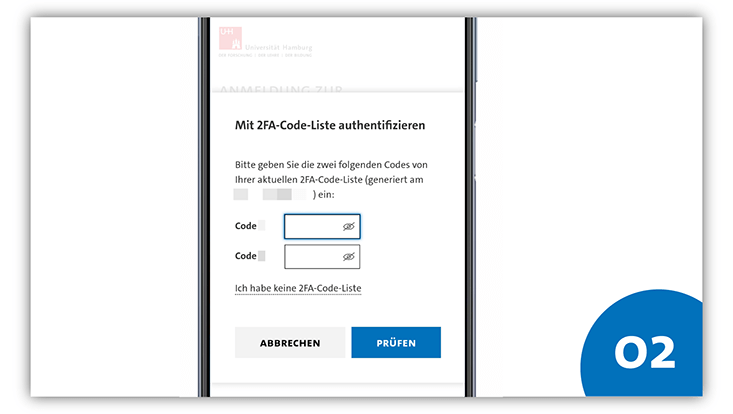 slides-android-733x414-registrieren-3 Handybildschirm eines Android-Geräts. Auf dem Bildschirm steht "Mit 2FA-Code-Liste authentifizieren". Darunter sind zwei Felder, in die Codes eingegeben werden können.