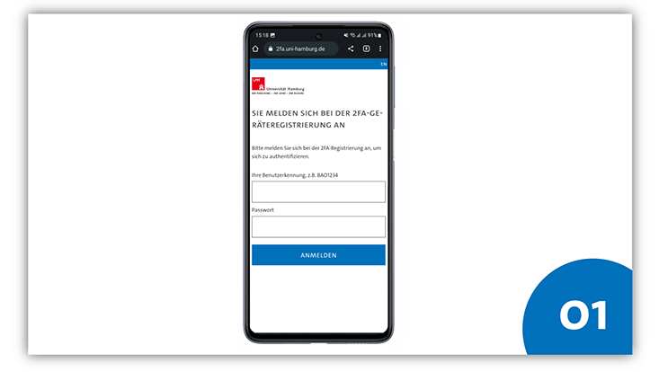 slides-android-733x414-registrieren-2 Handybildschirm eines Android-Geräts. Auf dem Bildschirm ist die Login-Seite des 2FA-Seite zu sehen.