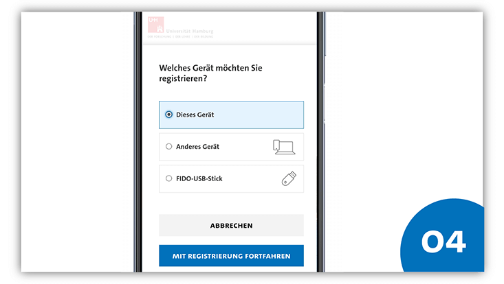 slides-android-733x414-registrieren-5 Handybildschirm eines Android-Geräts. Oben steht "Welches Gerät möchten Sie registrieren?". Darunter sind drei Möglichkeiten aufgelistet: Dieses Gerät, Anderes Gerät und FIDO-USB-Stick.