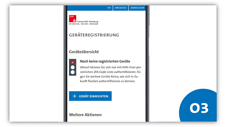slides-android-733x414-registrieren-4 Handybildschirm eines Android-Geräts. Auf dem Bildschirm ist der Bereich "Geräteregistrierung" der 2FA-Seite abgebildet. Die Abbildung einer Ampel zeigt auf rot, was bedeutet, dass noch keine Geräte registriert sind.