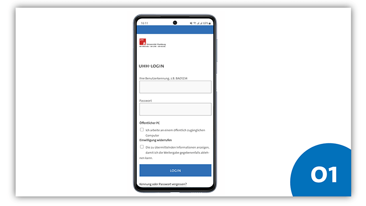 slides-android-733x414-authentifizieren-2 Handybildschirm eines Android-Geräts. Auf dem Bildschirm ist die Login-Seite des KUS-Portals zu sehen.