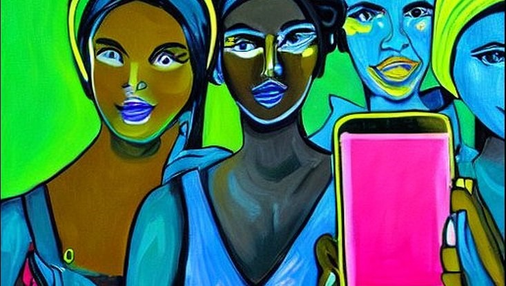 Stable diffusion: painting-of-diverse-women-with-smartphones-with-neon-colours
