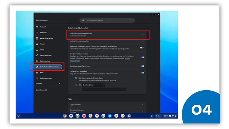 slides-chromeos-733x414-vorbereitung-5 Slide 4: Geöffnetes Menü „Sicherheit und Datenschutz“ das Menü „Sperrbildschirm und Anmeldung“ ist rot umkreist